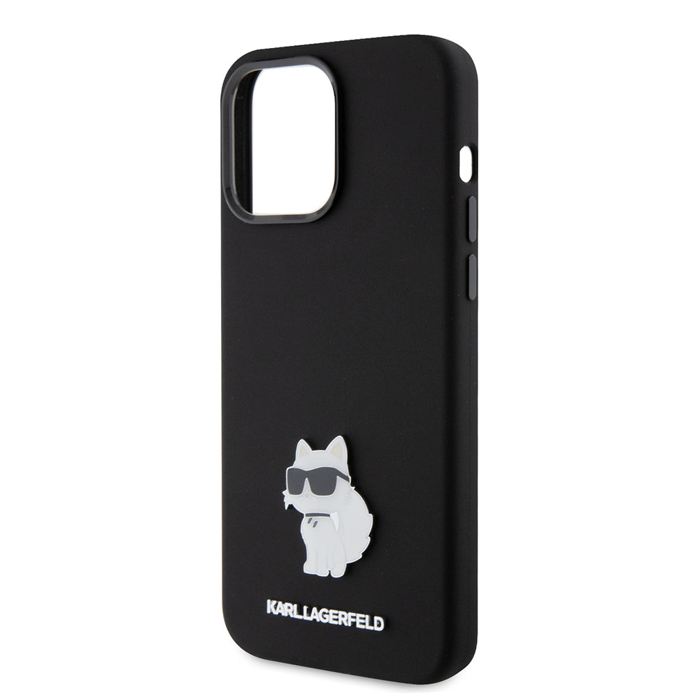 Funda para Apple iPhone 15 Pro Max, Karl Lagerfeld, Silicone Choupette Metal, Negra