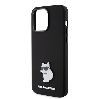 Funda para Apple iPhone 15 Pro Max, Karl Lagerfeld, Silicone Choupette Metal, Negra