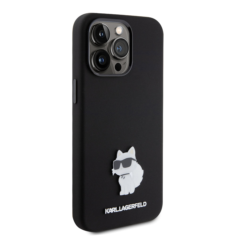 Funda para Apple iPhone 15 Pro Max, Karl Lagerfeld, Silicone Choupette Metal, Negra