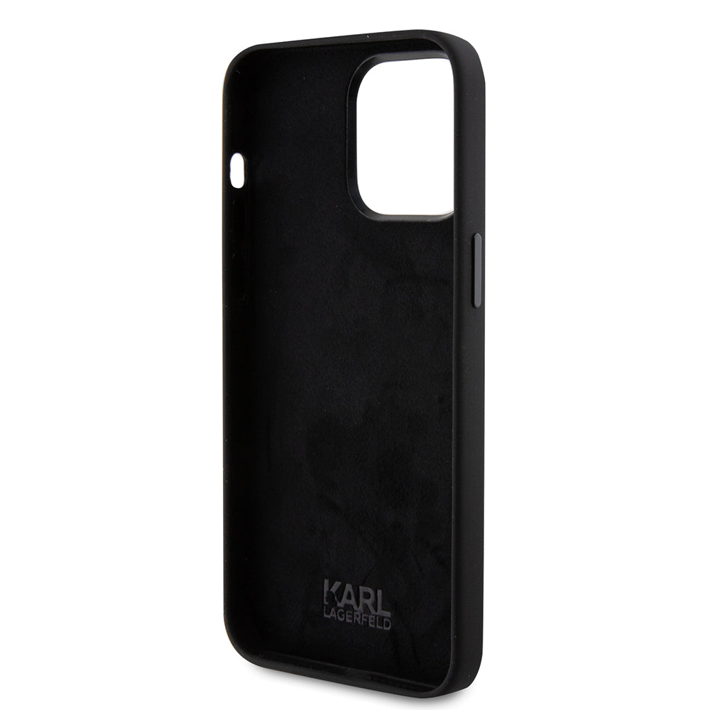 Funda para Apple iPhone 15 Pro Max, Karl Lagerfeld, Silicone Choupette Metal, Negra