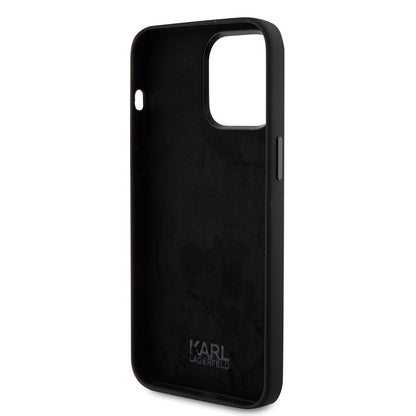 Funda para Apple iPhone 15 Pro Max, Karl Lagerfeld, Silicone Choupette Metal, Negra