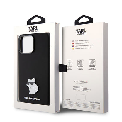 Funda para Apple iPhone 15 Pro Max, Karl Lagerfeld, Silicone Choupette Metal, Negra