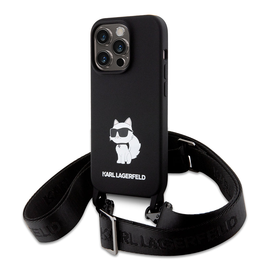 Funda para Apple iPhone 15 Pro Max, Karl Lagerfeld, Silicone Crossbody Choupette, Negra.