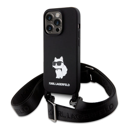 Funda para Apple iPhone 15 Pro Max, Karl Lagerfeld, Silicone Crossbody Choupette, Negra.