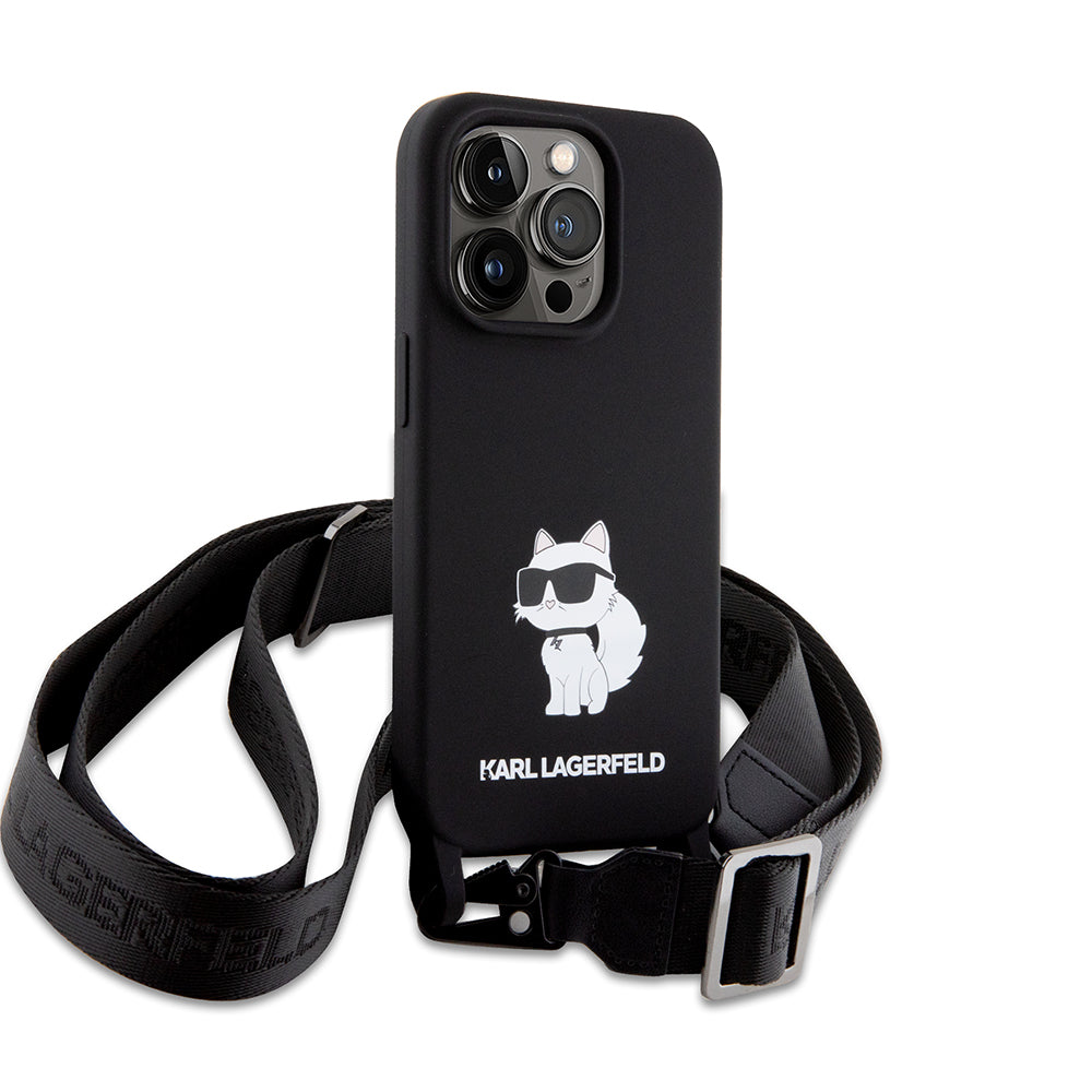 Funda para Apple iPhone 15 Pro Max, Karl Lagerfeld, Silicone Crossbody Choupette, Negra.