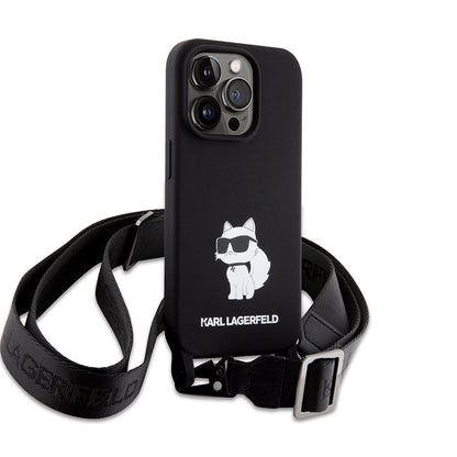 Funda para Apple iPhone 15 Pro Max, Karl Lagerfeld, Silicone Crossbody Choupette, Negra.