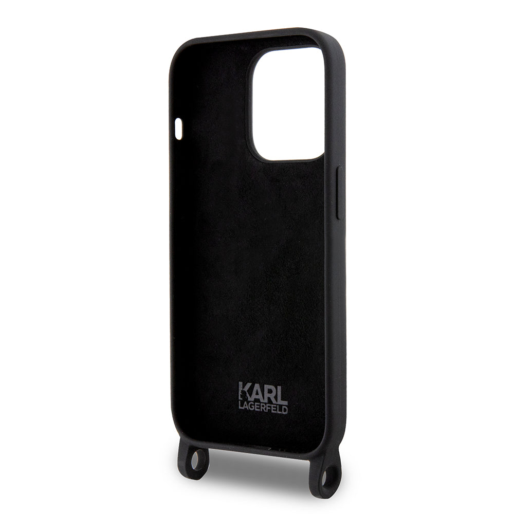 Funda para Apple iPhone 15 Pro Max, Karl Lagerfeld, Silicone Crossbody Choupette, Negra.