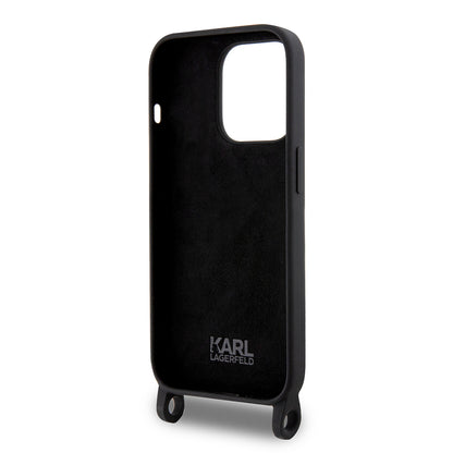 Funda para Apple iPhone 15 Pro Max, Karl Lagerfeld, Silicone Crossbody Choupette, Negra.