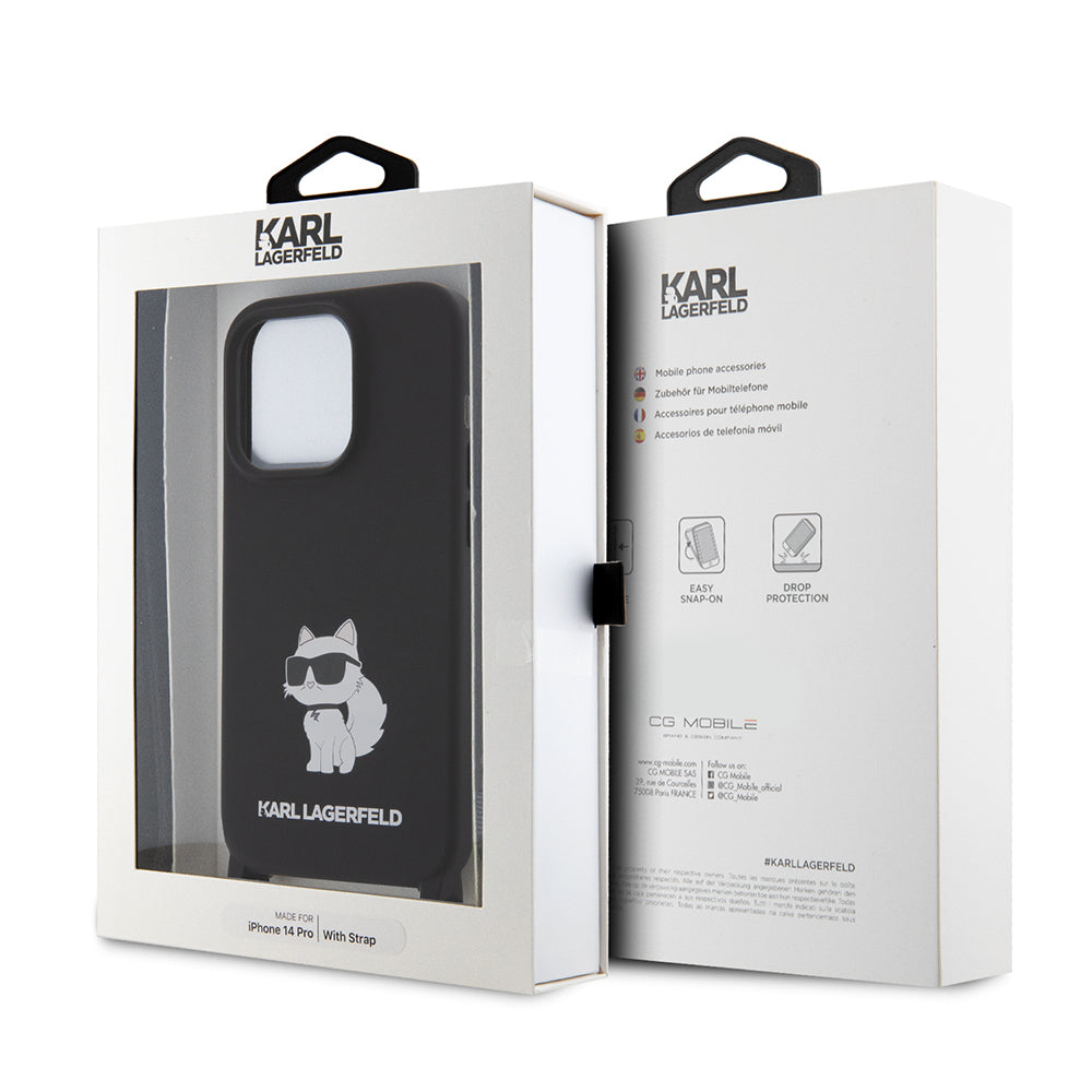 Funda para Apple iPhone 15 Pro Max, Karl Lagerfeld, Silicone Crossbody Choupette, Negra.