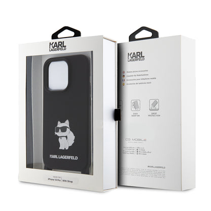 Funda para Apple iPhone 15 Pro Max, Karl Lagerfeld, Silicone Crossbody Choupette, Negra.