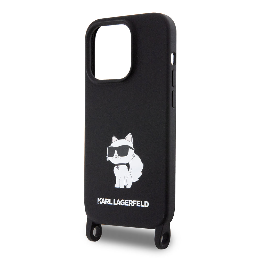 Funda para Apple iPhone 15 Pro Max, Karl Lagerfeld, Silicone Crossbody Choupette, Negra.