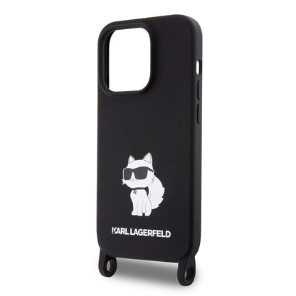 Funda para Apple iPhone 15 Pro Max, Karl Lagerfeld, Silicone Crossbody Choupette, Negra.