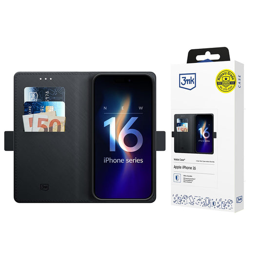 Funda para Apple iPhone 16, 3MK, Cartera, Negra