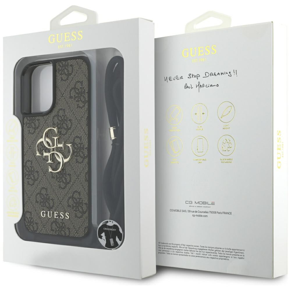 Funda para Apple iPhone 16, Guess, 4G CBDY Big Logo con Correa, Marrón