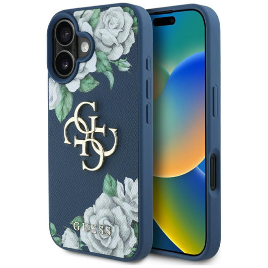 Funda para Apple iPhone 16, Guess, 4G Grained Roses Big Logo, Azul