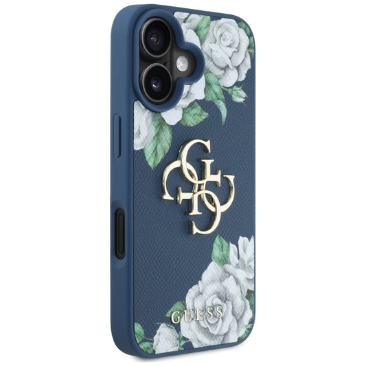 Funda para Apple iPhone 16, Guess, 4G Grained Roses Big Logo, Azul