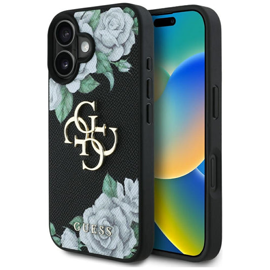 Funda para Apple iPhone 16, Guess, 4G Grained Roses Big Logo, Negra