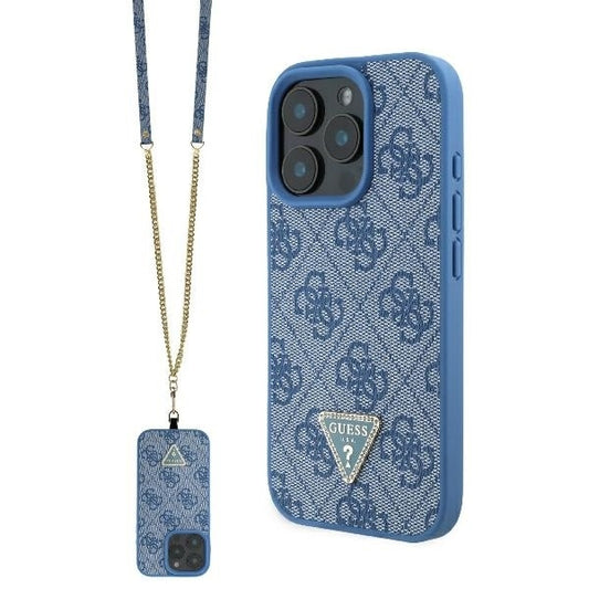 Funda para Apple iPhone 16, Guess, Crossbody 4G Triangle Strass, Azul