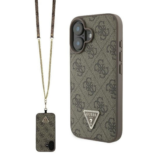 Funda para Apple iPhone 16, Guess, Crossbody 4G Triangle Strass, Marrón.