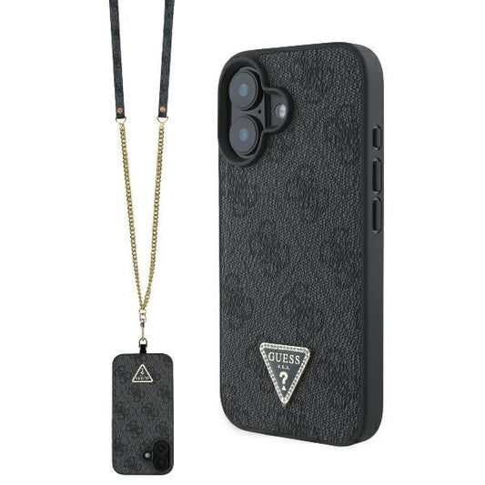 Funda para Apple iPhone 16, Guess, Crossbody 4G Triangle Strass, Negra