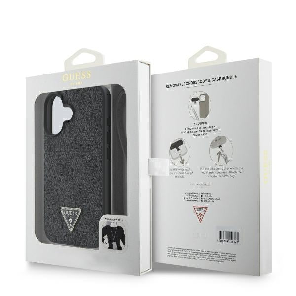 Funda para Apple iPhone 16, Guess, Crossbody 4G Triangle Strass, Negra
