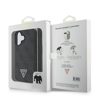Funda para Apple iPhone 16, Guess, Crossbody 4G Triangle Strass, Negra