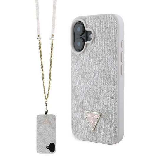 Funda para Apple iPhone 16, Guess, Crossbody 4G Triangle Strass, Rosa