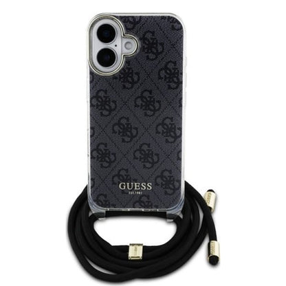 Funda para Apple iPhone 16, Guess, Crossbody Cord 4G Print, Negra.