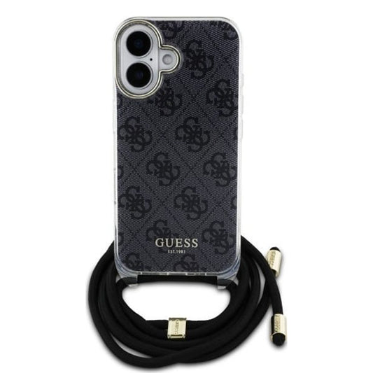 Funda para Apple iPhone 16, Guess, Crossbody Cord 4G Print, Negra.
