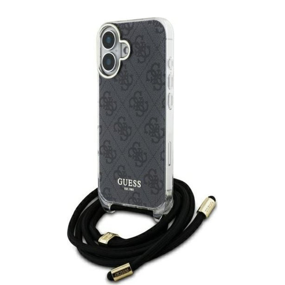Funda para Apple iPhone 16, Guess, Crossbody Cord 4G Print, Negra.