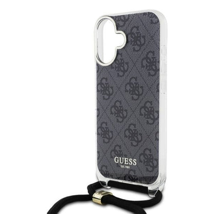 Funda para Apple iPhone 16, Guess, Crossbody Cord 4G Print, Negra.