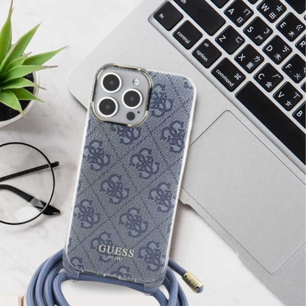 Funda para Apple iPhone 16, Guess, Crossbody Cord 4G Print, Negra.