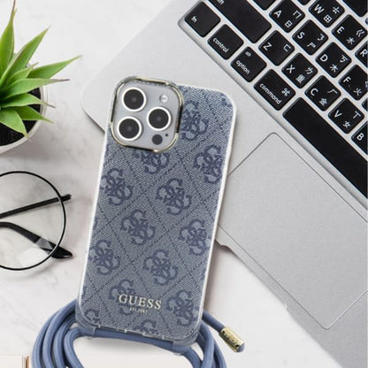 Funda para Apple iPhone 16, Guess, Crossbody Cord 4G Print, Negra.