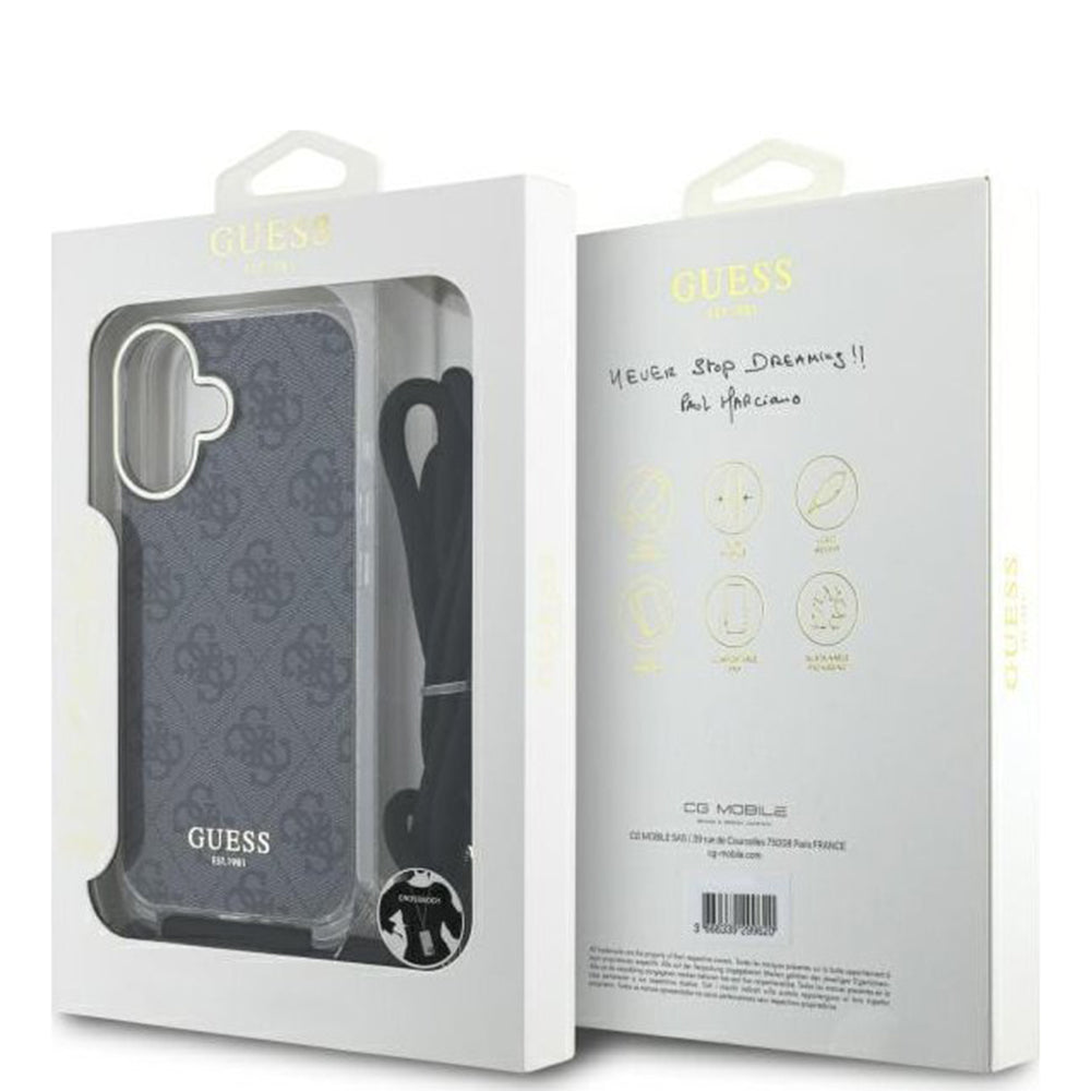 Funda para Apple iPhone 16, Guess, Crossbody Cord 4G Print, Negra.