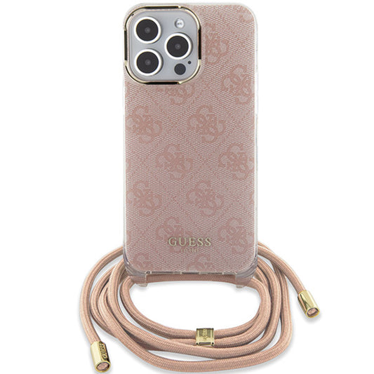Funda para Apple iPhone 16, Guess, Crossbody Cord 4G Print, Rosa