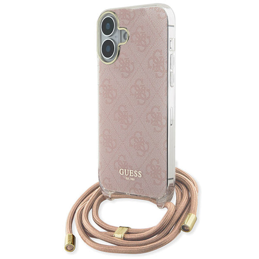 Funda para Apple iPhone 16, Guess, Crossbody Cord 4G Print, Rosa