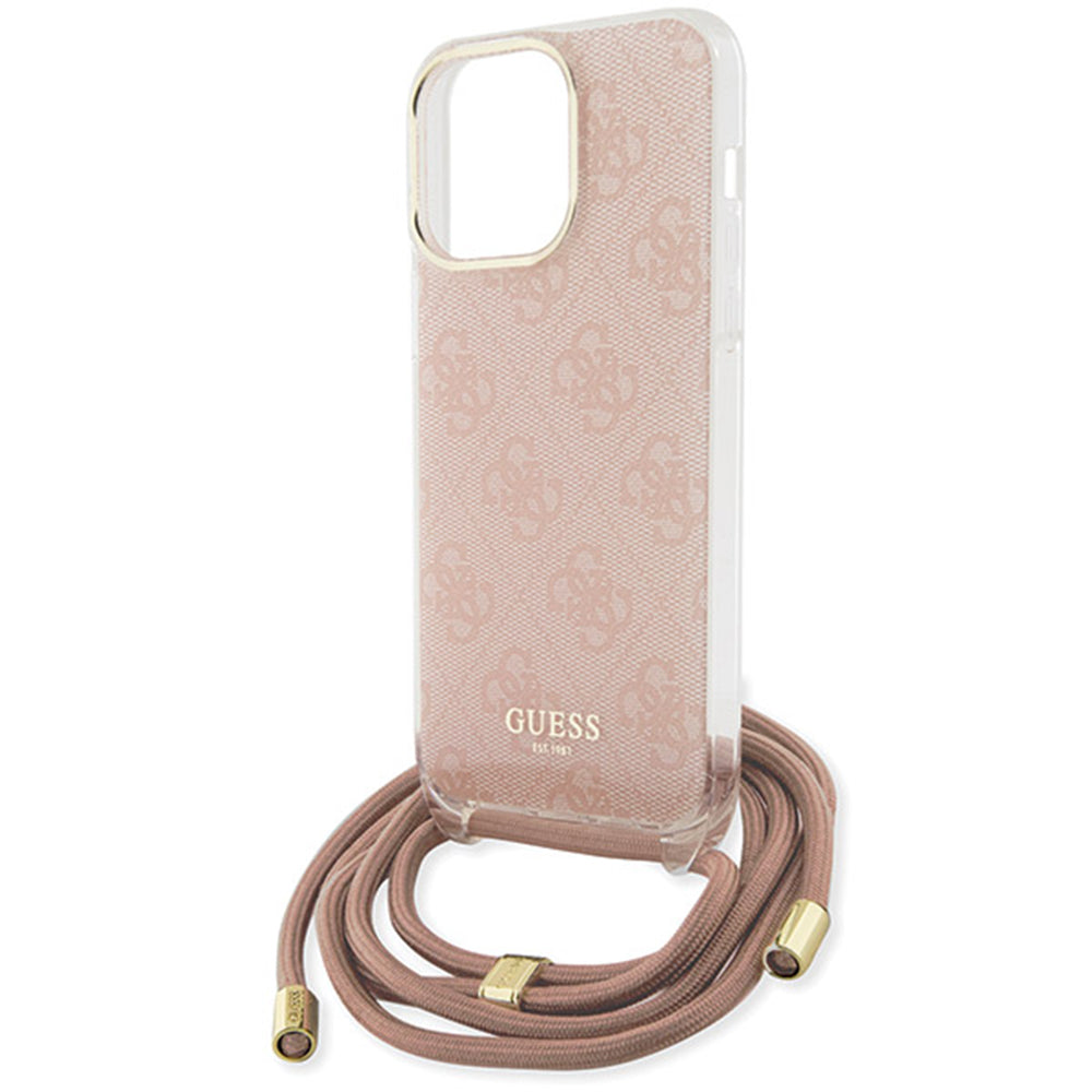 Funda para Apple iPhone 16, Guess, Crossbody Cord 4G Print, Rosa