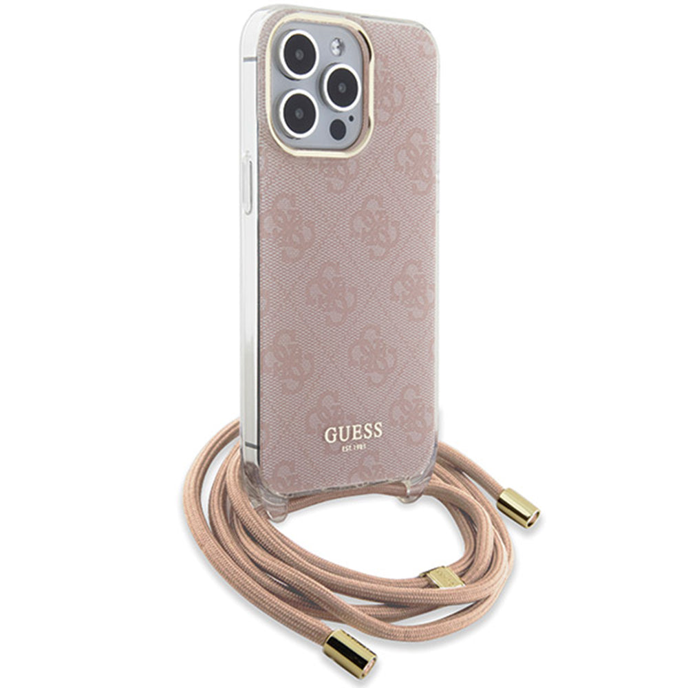 Funda para Apple iPhone 16, Guess, Crossbody Cord 4G Print, Rosa