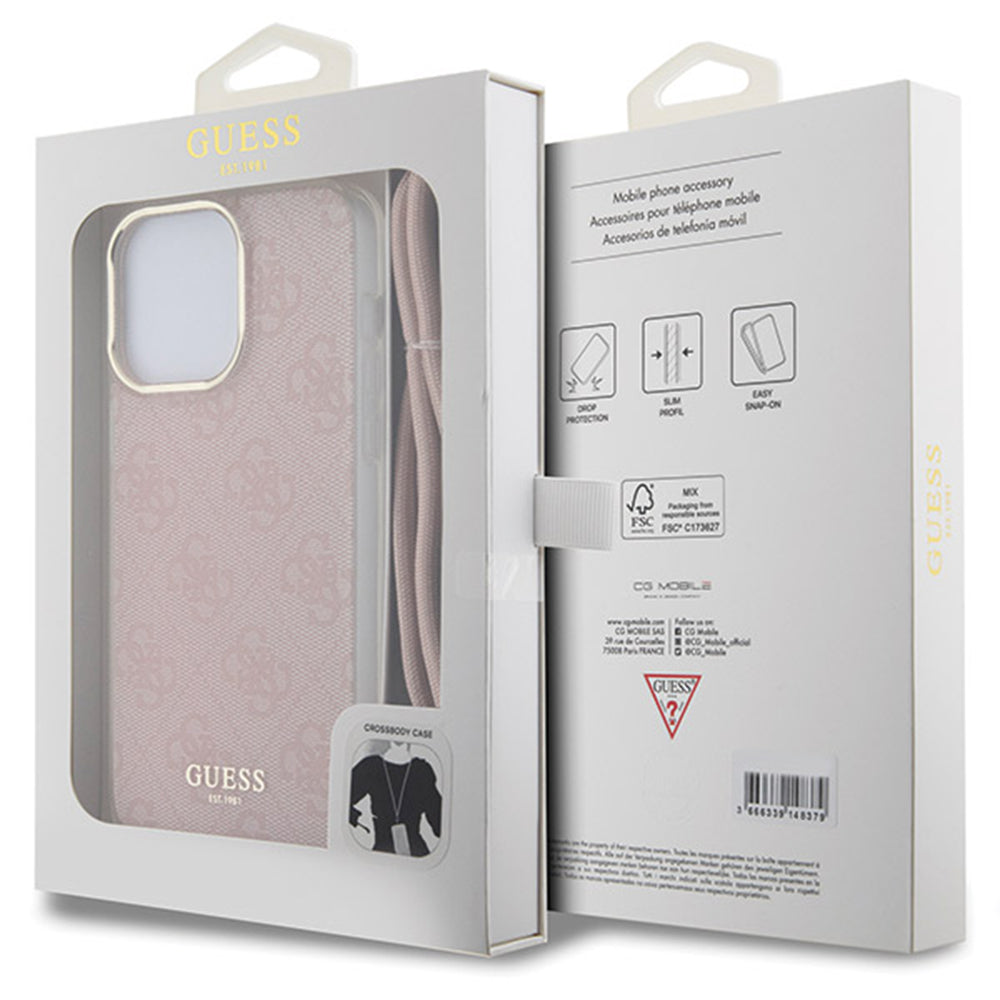 Funda para Apple iPhone 16, Guess, Crossbody Cord 4G Print, Rosa