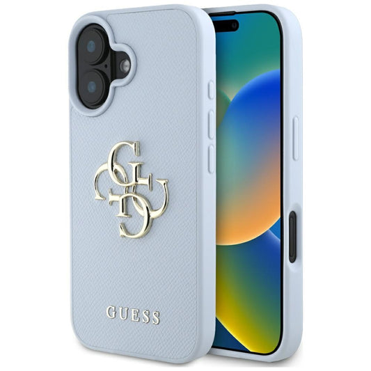 Funda para Apple iPhone 16, Guess, Grained Big 4G Logo Small Classic Logo, Azul.