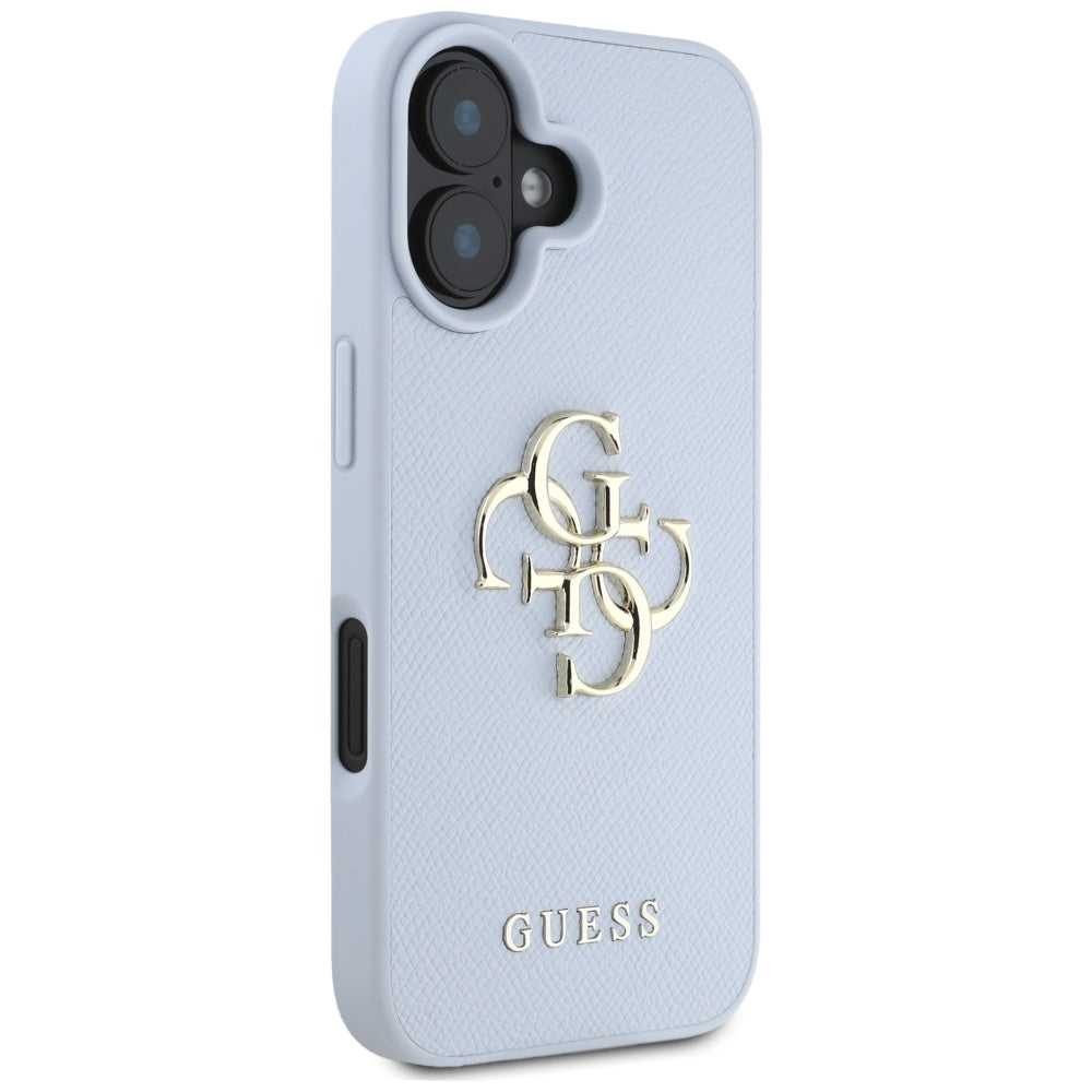 Funda para Apple iPhone 16, Guess, Grained Big 4G Logo Small Classic Logo, Azul.