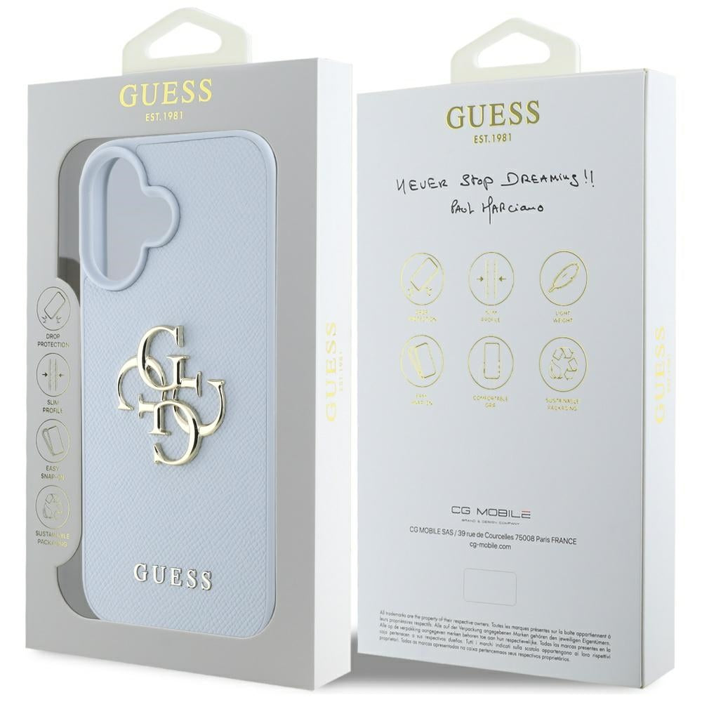 Funda para Apple iPhone 16, Guess, Grained Big 4G Logo Small Classic Logo, Azul.