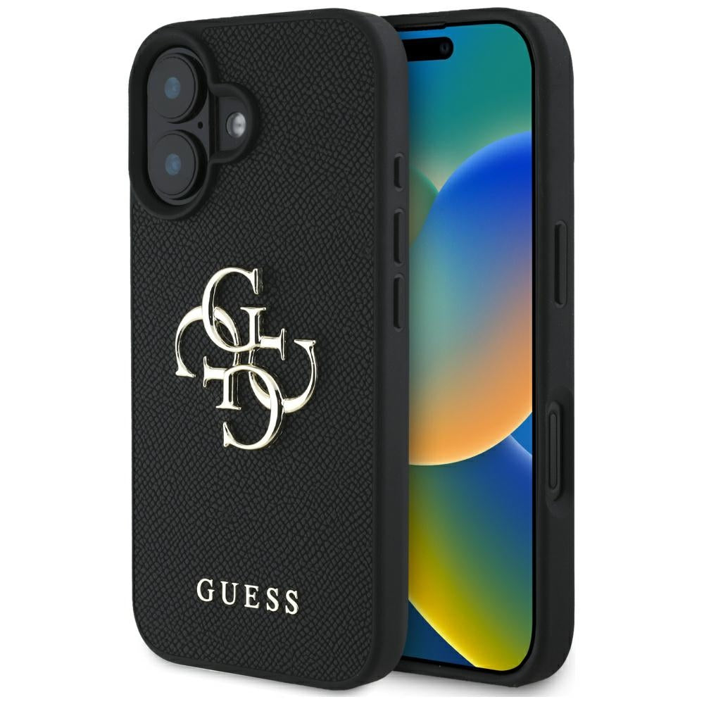 Funda para Apple iPhone 16, Guess, Grained Big 4G Logo Small Classic Logo, Negra