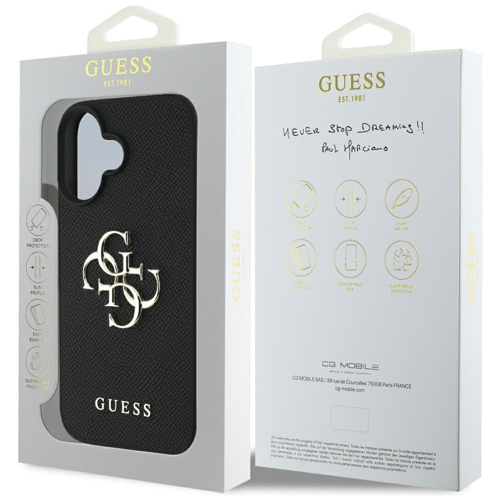 Funda para Apple iPhone 16, Guess, Grained Big 4G Logo Small Classic Logo, Negra