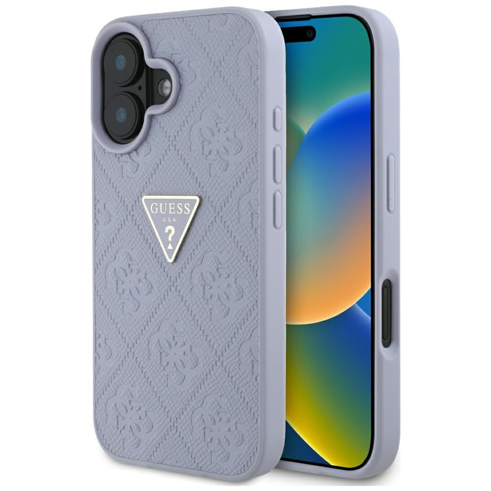 Funda para Apple iPhone 16, Guess, Hot Stamp 4G Pattern Triangle Logo, Lila Claro.