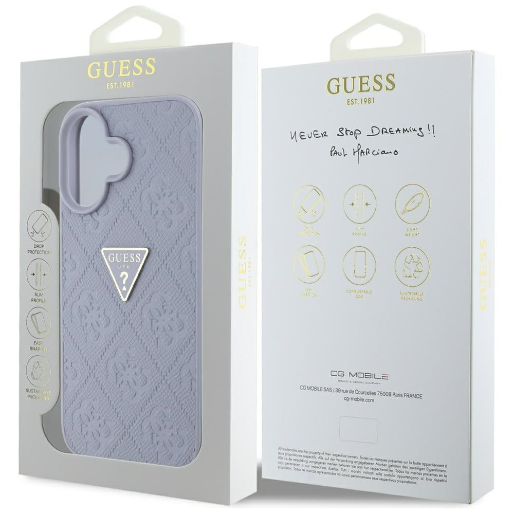 Funda para Apple iPhone 16, Guess, Hot Stamp 4G Pattern Triangle Logo, Lila Claro.