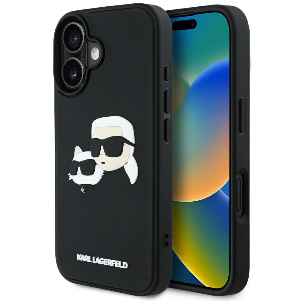 Funda para Apple iPhone 16, Karl Lagerfeld, 3D Rubber Karl & Choupette, Negra