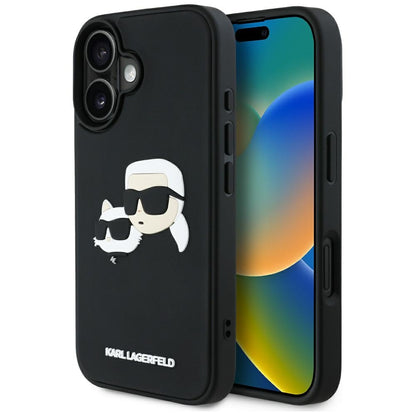 Funda para Apple iPhone 16, Karl Lagerfeld, 3D Rubber Karl & Choupette, Negra