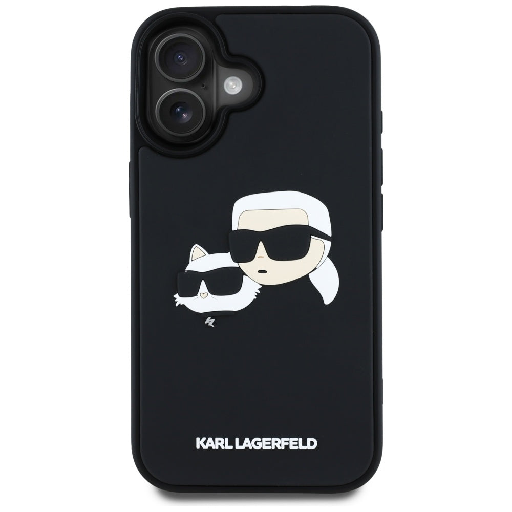 Funda para Apple iPhone 16, Karl Lagerfeld, 3D Rubber Karl & Choupette, Negra