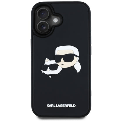 Funda para Apple iPhone 16, Karl Lagerfeld, 3D Rubber Karl & Choupette, Negra